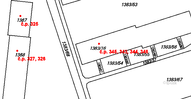 Moravský Krumlov 343,344,345,346 na parcele st. 1383/16 v KÚ Moravský Krumlov, Katastrální mapa