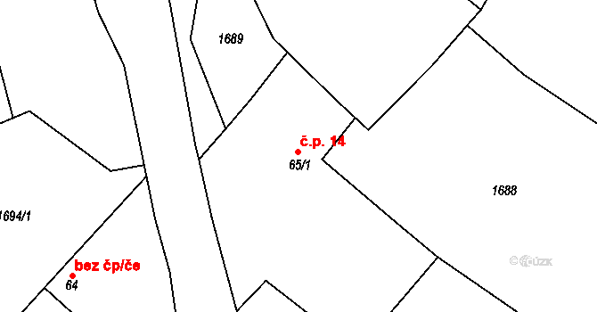 Nesměřice 14, Zruč nad Sázavou na parcele st. 65/1 v KÚ Nesměřice, Katastrální mapa