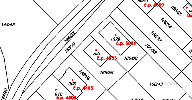Jihlava 4033 na parcele st. 755 v KÚ Bedřichov u Jihlavy, Katastrální mapa