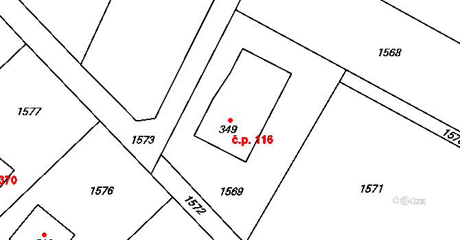 Nebory 116, Třinec na parcele st. 349 v KÚ Nebory, Katastrální mapa
