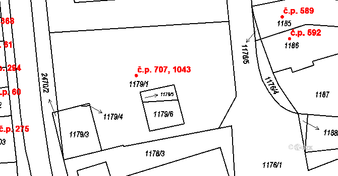 Třeboň II 707,1043, Třeboň na parcele st. 1179/1 v KÚ Třeboň, Katastrální mapa