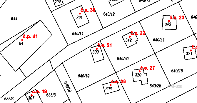 Broumy 21 na parcele st. 309 v KÚ Broumy, Katastrální mapa