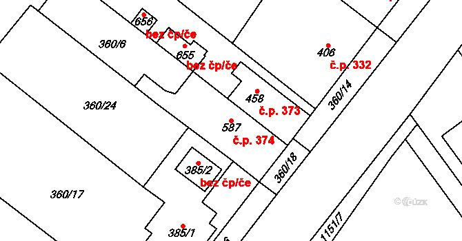 Senice na Hané 374 na parcele st. 587 v KÚ Senice na Hané, Katastrální mapa