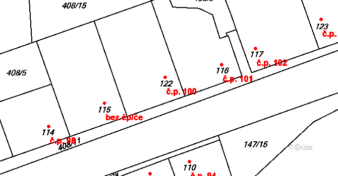 Podmoky 100 na parcele st. 122 v KÚ Podmoky u Městce Králové, Katastrální mapa