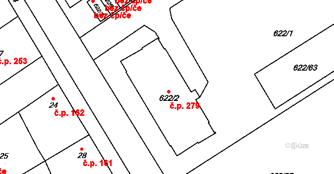 Třebestovice 279 na parcele st. 622/2 v KÚ Třebestovice, Katastrální mapa