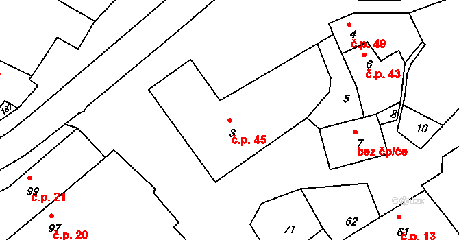 Lomy 45 na parcele st. 3 v KÚ Lomy u Jemnice, Katastrální mapa