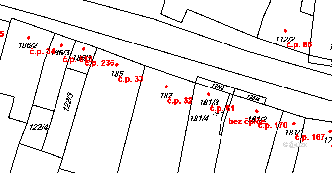 Mohelno 32 na parcele st. 182 v KÚ Mohelno, Katastrální mapa