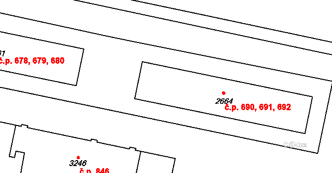 Borovina 690,691,692, Třebíč na parcele st. 2664 v KÚ Třebíč, Katastrální mapa