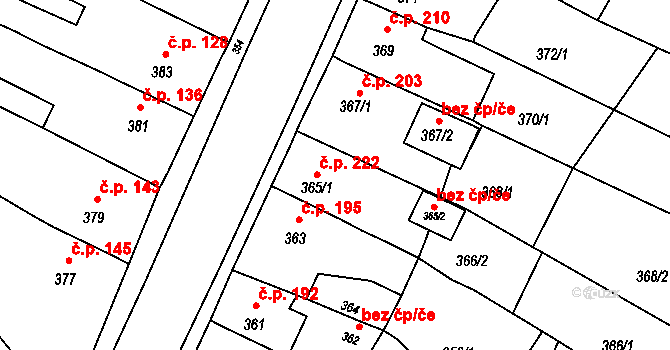 Droužkovice 222 na parcele st. 365/1 v KÚ Droužkovice, Katastrální mapa