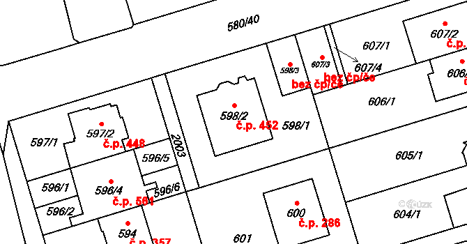 Kamýk 452, Praha na parcele st. 598/2 v KÚ Kamýk, Katastrální mapa