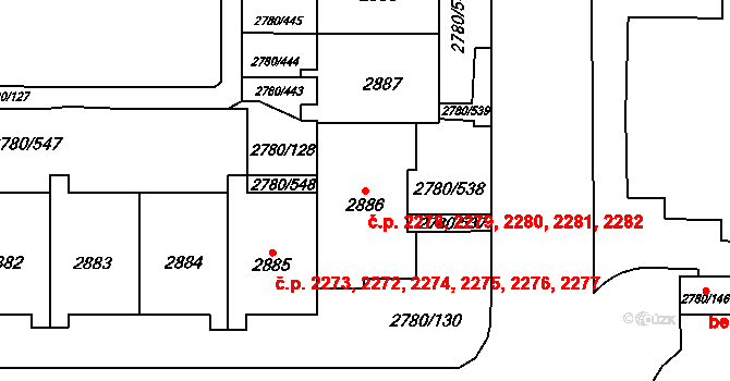 Stodůlky 2278,2279,2280,2281,, Praha na parcele st. 2886 v KÚ Stodůlky, Katastrální mapa