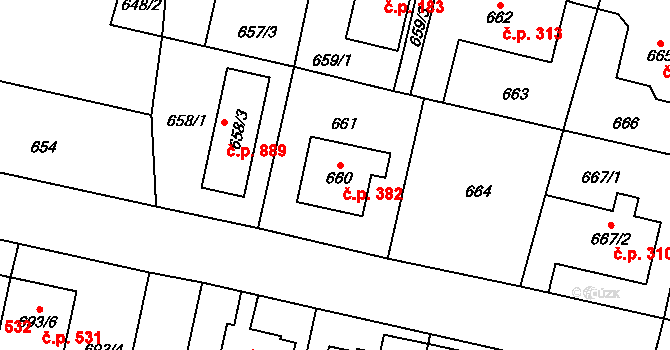 Nebušice 382, Praha na parcele st. 660 v KÚ Nebušice, Katastrální mapa