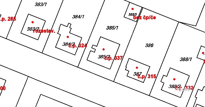 Čimice 337, Praha na parcele st. 385/2 v KÚ Čimice, Katastrální mapa