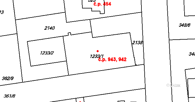 Nová Ulice 942,943, Olomouc na parcele st. 1233/1 v KÚ Nová Ulice, Katastrální mapa