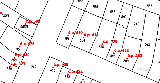 Blučina 411 na parcele st. 584 v KÚ Blučina, Katastrální mapa