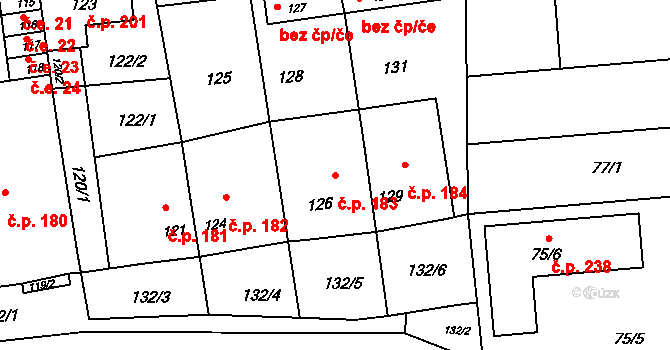 Unkovice 183 na parcele st. 126 v KÚ Unkovice, Katastrální mapa