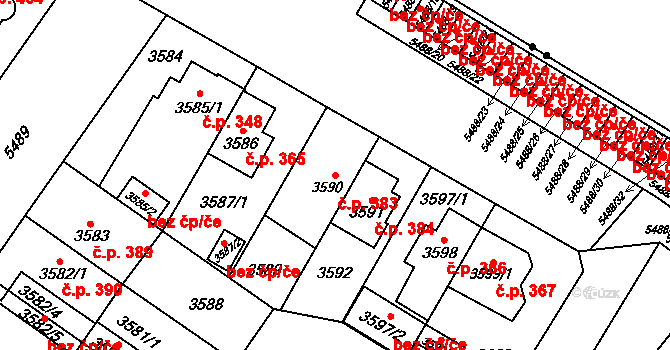 Božkov 383, Plzeň na parcele st. 3590 v KÚ Plzeň, Katastrální mapa
