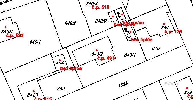 Černice 493, Plzeň na parcele st. 843/2 v KÚ Bručná, Katastrální mapa