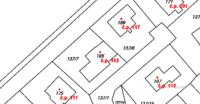 Horní Bučice 113, Vrdy na parcele st. 185 v KÚ Horní Bučice, Katastrální mapa