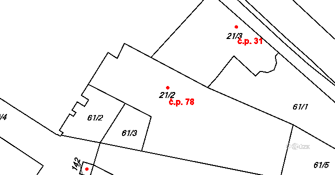 Těšetice 78 na parcele st. 21/2 v KÚ Těšetice u Olomouce, Katastrální mapa
