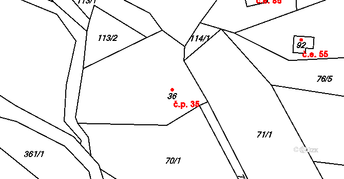 Mezihoří 35, Blatno na parcele st. 36 v KÚ Mezihoří u Chomutova, Katastrální mapa