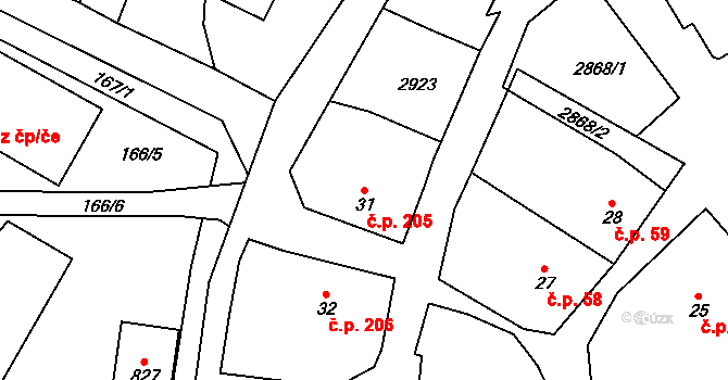Dvorce 205 na parcele st. 31 v KÚ Dvorce u Bruntálu, Katastrální mapa