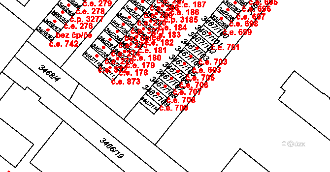 Vyškov-Předměstí 708, Vyškov na parcele st. 3467/108 v KÚ Vyškov, Katastrální mapa