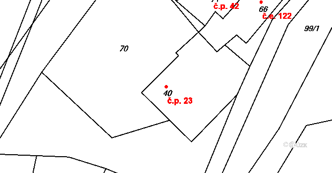 Tvoršovice 23, Bystřice na parcele st. 40 v KÚ Tvoršovice, Katastrální mapa