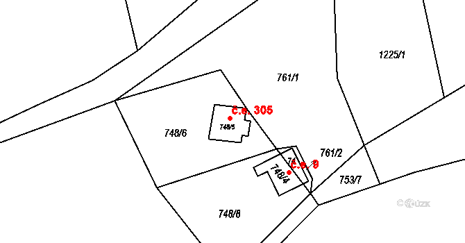 Pohořalka 305, Liboměřice na parcele st. 748/5 v KÚ Liboměřice, Katastrální mapa