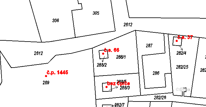 Prostřední Suchá 66, Havířov na parcele st. 288/2 v KÚ Prostřední Suchá, Katastrální mapa