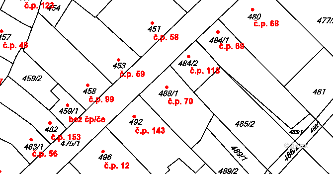 Vícemilice 70, Bučovice na parcele st. 488/1 v KÚ Vícemilice, Katastrální mapa