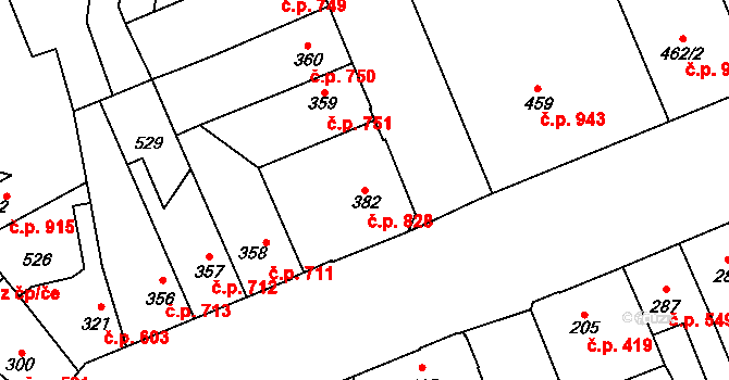 Kralupy nad Vltavou 828 na parcele st. 382 v KÚ Lobeč, Katastrální mapa