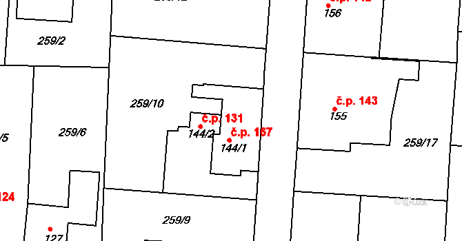 Veliny 167 na parcele st. 144/1 v KÚ Veliny, Katastrální mapa