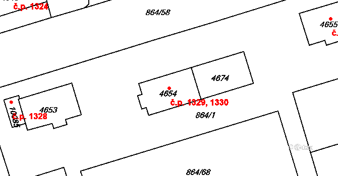 Bílé Předměstí 1329,1330, Pardubice na parcele st. 4654 v KÚ Pardubice, Katastrální mapa