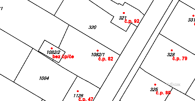 Třeština 82 na parcele st. 1082/1 v KÚ Třeština, Katastrální mapa