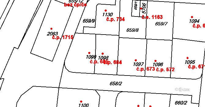 Rakovník II 684, Rakovník na parcele st. 1098 v KÚ Rakovník, Katastrální mapa