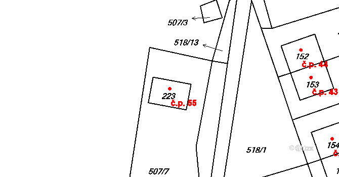 Přízeř 55, Rožmberk nad Vltavou na parcele st. 223 v KÚ Horní Jílovice, Katastrální mapa