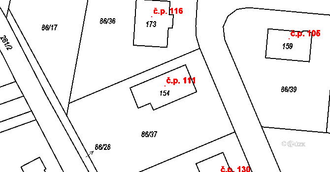 Třebín 111, Dubné na parcele st. 154 v KÚ Třebín, Katastrální mapa