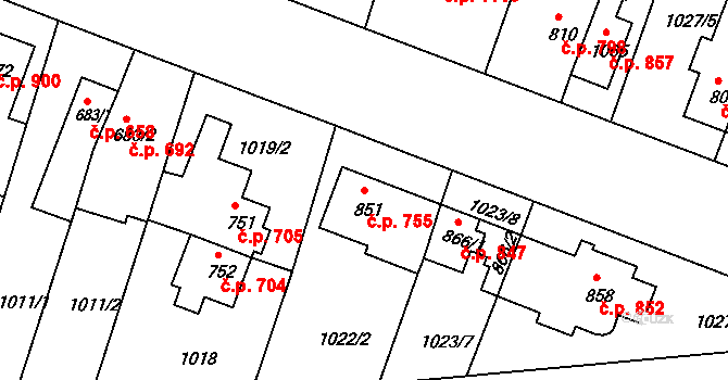 Bystřice pod Hostýnem 755 na parcele st. 851 v KÚ Bystřice pod Hostýnem, Katastrální mapa