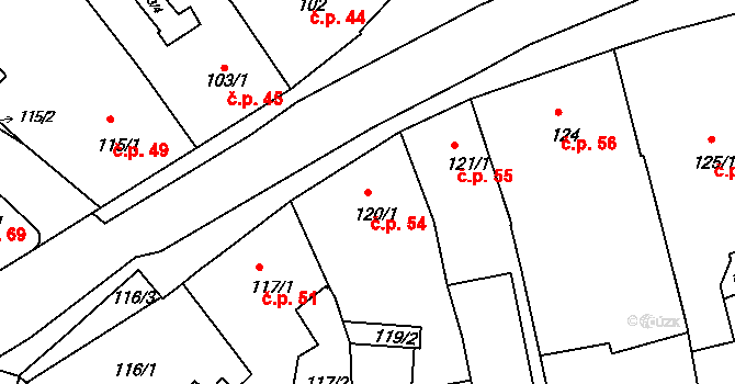 Holešov 54 na parcele st. 120/1 v KÚ Holešov, Katastrální mapa