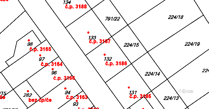 Znojmo 3186 na parcele st. 132 v KÚ Znojmo-Hradiště, Katastrální mapa