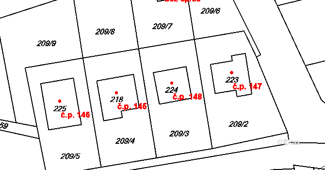 Milenov 148 na parcele st. 224 v KÚ Milenov, Katastrální mapa