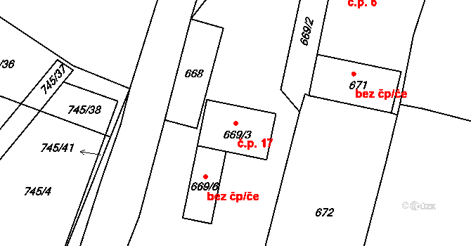 Mokré 17, Litvínovice na parcele st. 669/3 v KÚ Litvínovice, Katastrální mapa