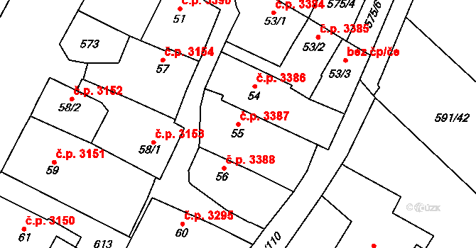 Jihlava 3387 na parcele st. 55 v KÚ Bedřichov u Jihlavy, Katastrální mapa