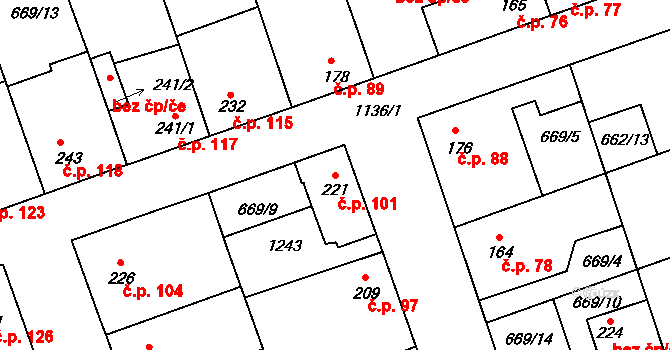 Olšany 101, Brandýsek na parcele st. 221 v KÚ Brandýsek, Katastrální mapa