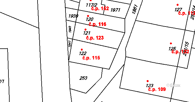Dlouhá Brtnice 115 na parcele st. 122 v KÚ Dlouhá Brtnice, Katastrální mapa