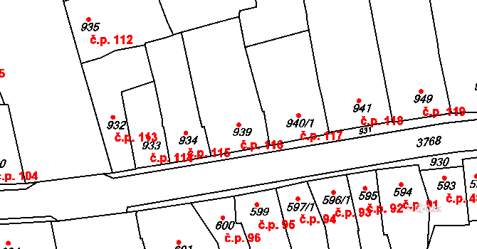 Slavkov u Brna 116 na parcele st. 939 v KÚ Slavkov u Brna, Katastrální mapa