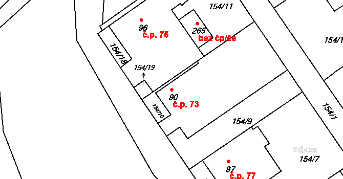 Branná 73, Třeboň na parcele st. 90/2 v KÚ Branná, Katastrální mapa