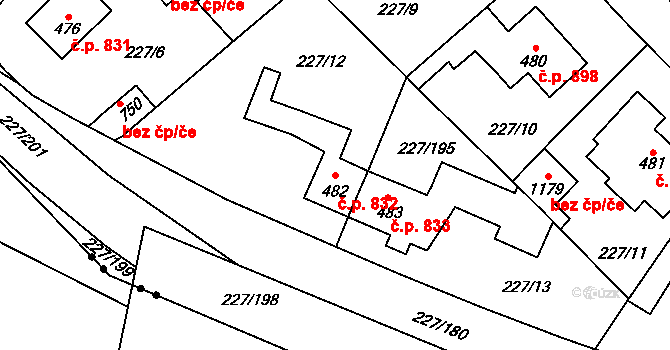 Švermov 832, Kladno na parcele st. 482 v KÚ Hnidousy, Katastrální mapa