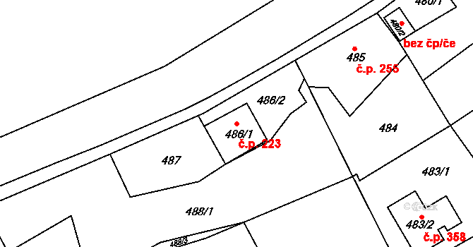 Staré Sedlo 223 na parcele st. 486/1 v KÚ Staré Sedlo u Sokolova, Katastrální mapa